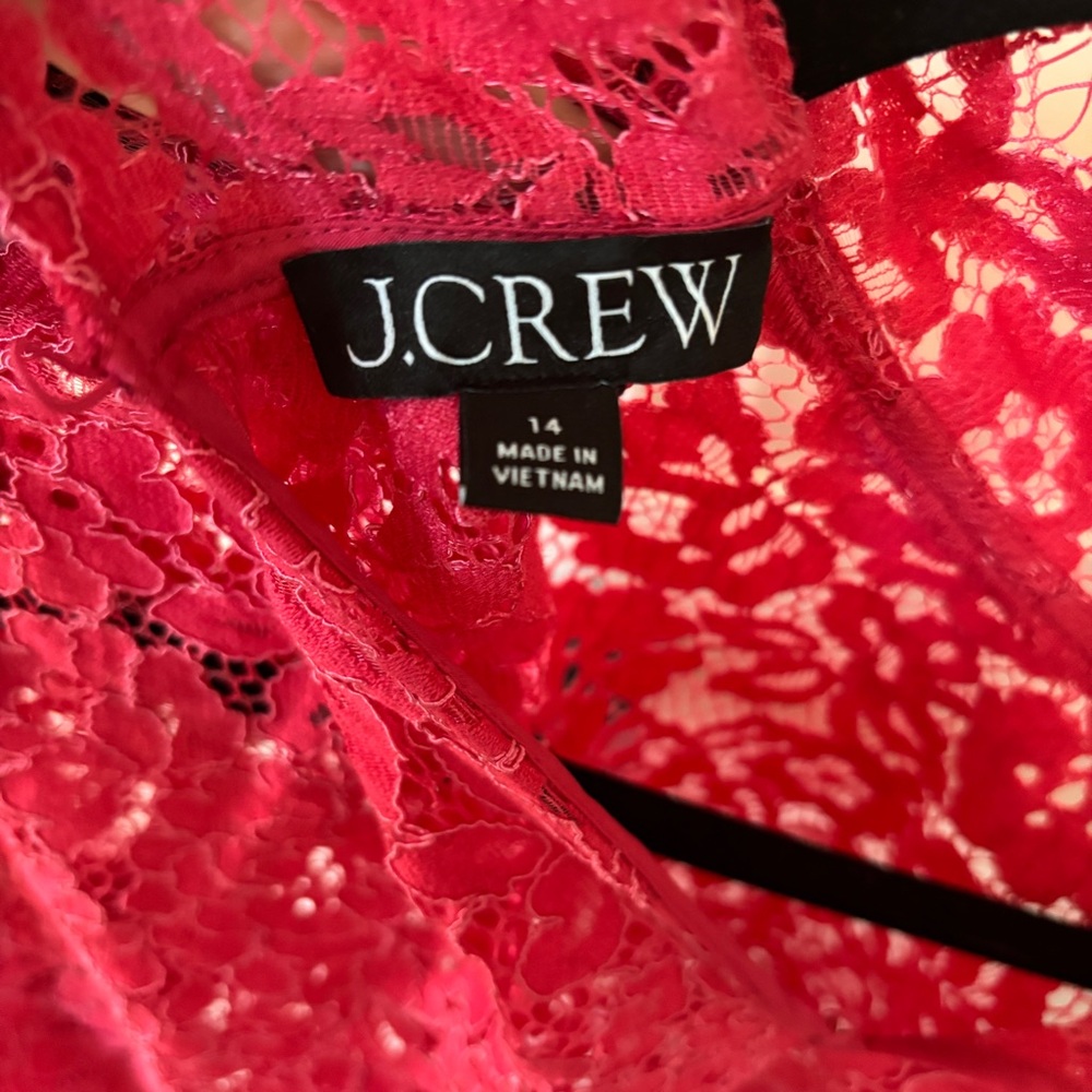 J. Crew Scalloped Lace Mockneck Top Vibrant Pink Lace Blouse Size 14‎ Sheer Glam - Picture 3 of 12